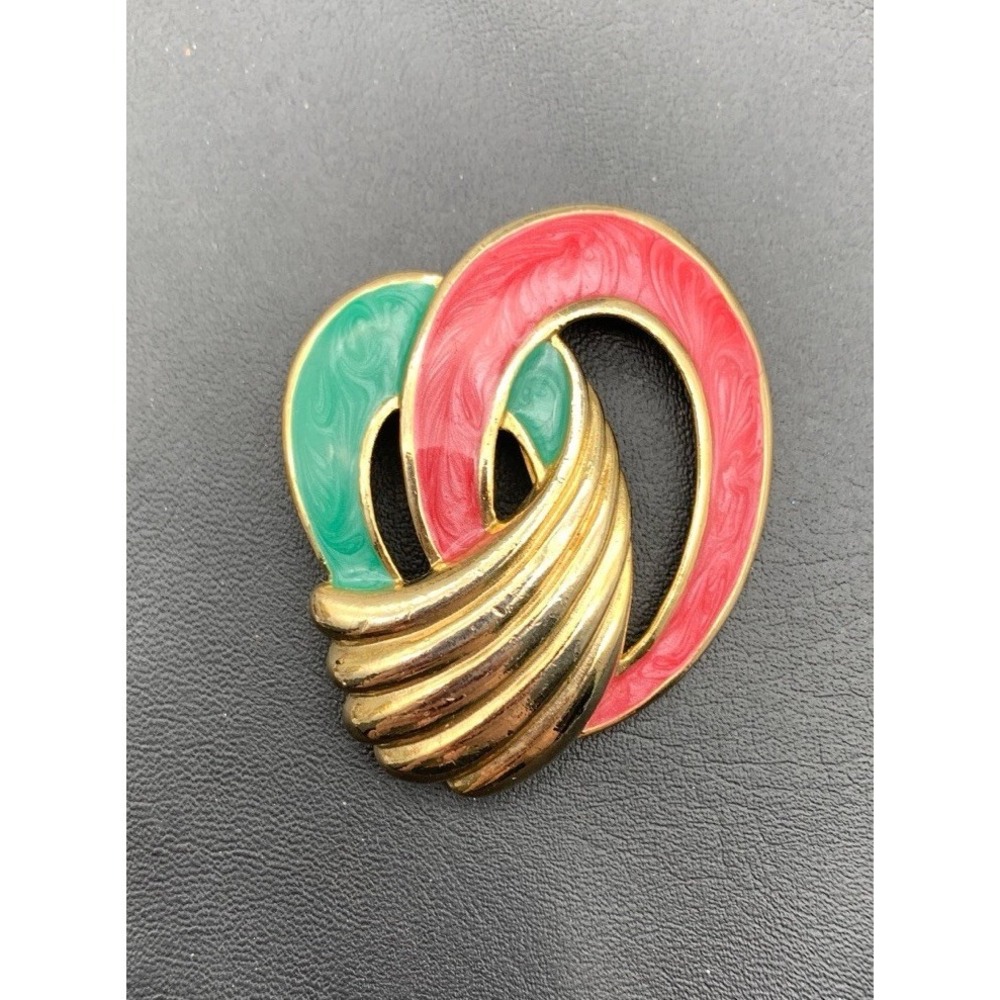 Vintage Gold Tone And Pink And Green Enamel Swirl Brooch